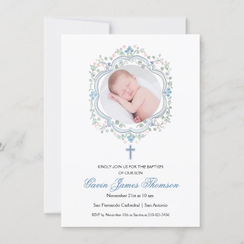 Floral Blue Green Cross Simple Baptism Invitation