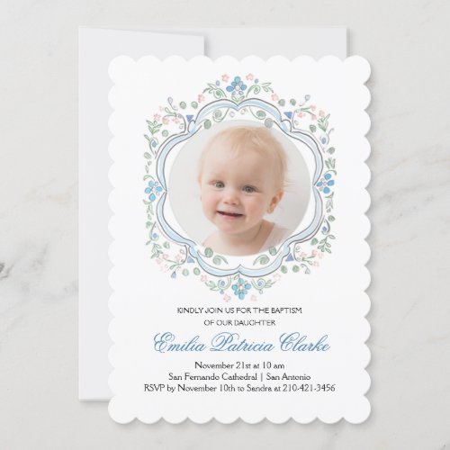 Floral Blue Green Pink Simple Baptism Invitation