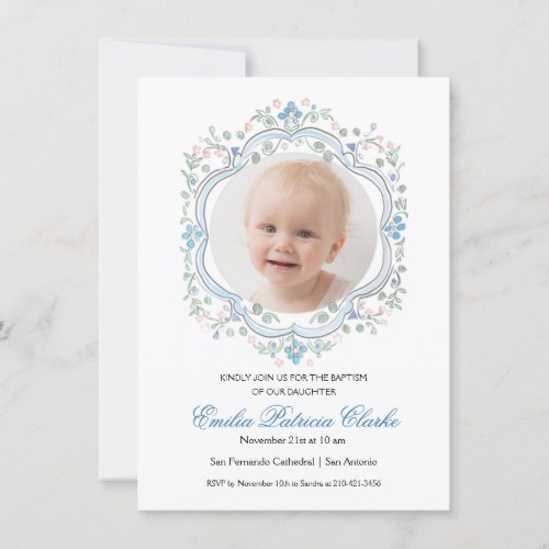 Floral Blue Green Pink Simple Baptism Invitation