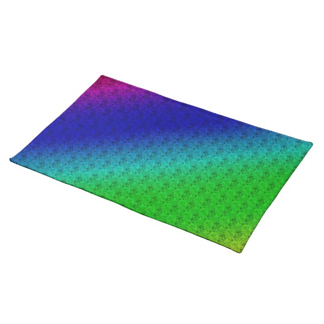 Floral Blue Green Rainbow Gradient Diagonal Blend Cloth Placemat (On Table)