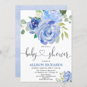 Floral blue greenery elegant boy baby shower invitation