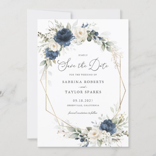 Floral Blue Greenery Gold Wedding Save The Date Invitation