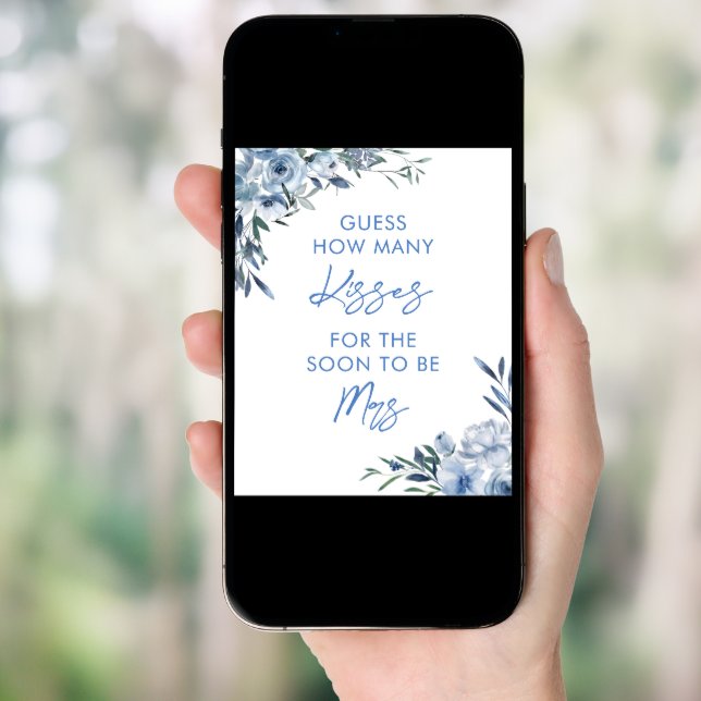 Floral Blue How Many Kisses Bridal Shower Game Poster (Front Digital)