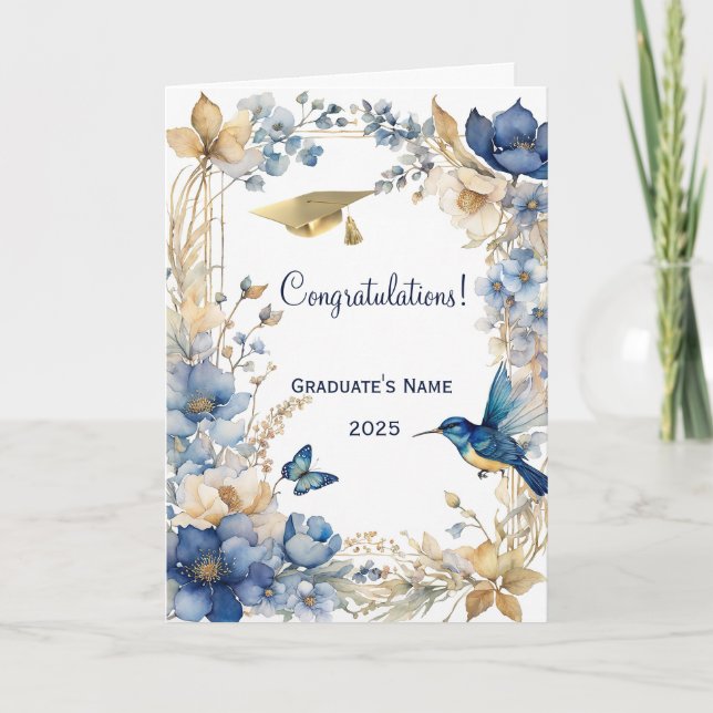 Floral Blue Hummingbird Personalized Graduation Card (Front)