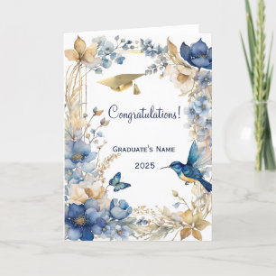 Floral Blue Hummingbird Personalized Graduation Card