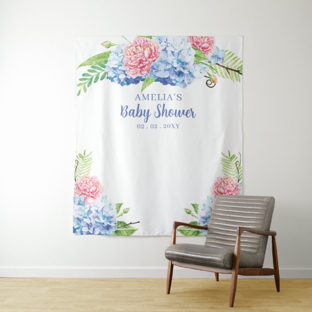 Floral Blue Hydrangea Baby Shower Backdrop (In Situ)