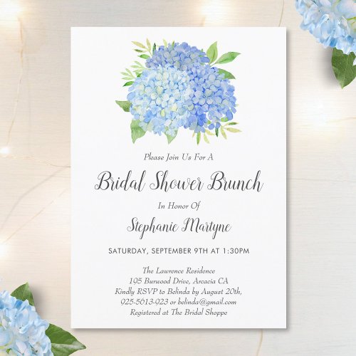 Floral Blue Hydrangea Bouquet Bridal Shower Brunch Invitation