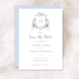 Floral Blue Hydrangea Crest Monogram Save the Date Invitation