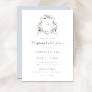 Floral Blue Hydrangea Crest Monogram Wedding Invitation