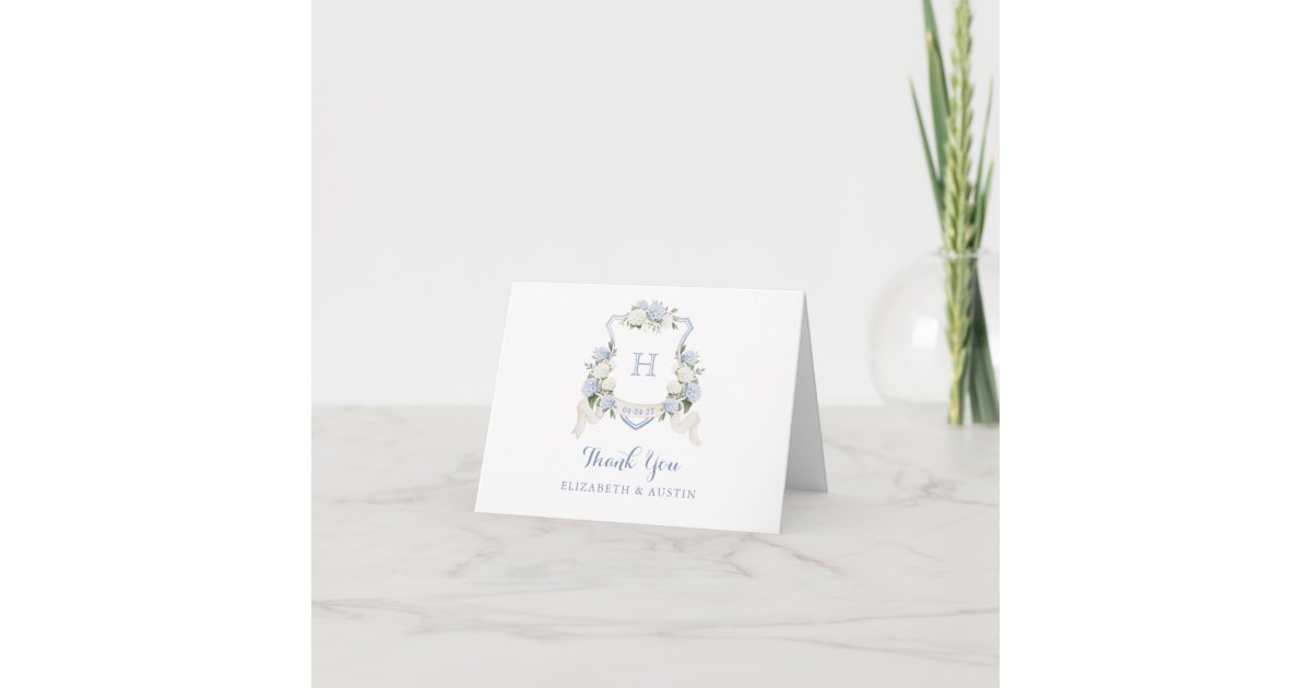 Floral Blue Hydrangea Crest Monogram Wedding Thank You Card | Zazzle