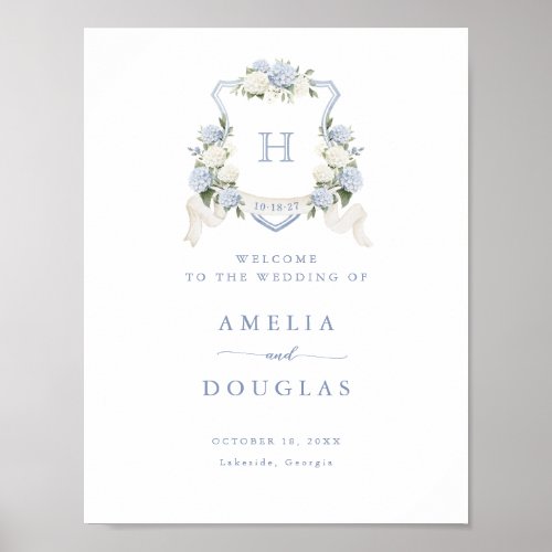 Floral Blue Hydrangea Crest Monogram Welcome Sign