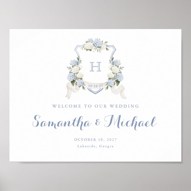 Floral Blue Hydrangea Crest Monogram Welcome Sign (Front)