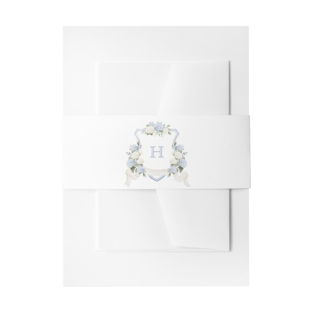 Floral Blue Hydrangea Crest Wedding Monogram Invitation Belly Band (Front Example)