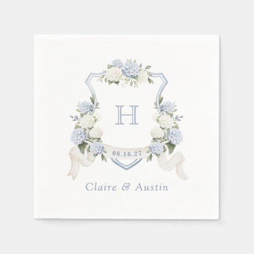 Floral Blue Hydrangea Crest Wedding Monogram Napkins