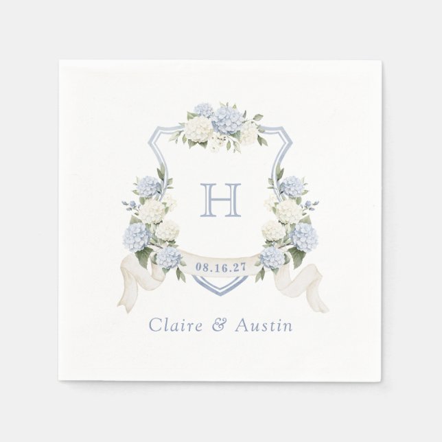 Floral Blue Hydrangea Crest Wedding Monogram Napkins (Front)
