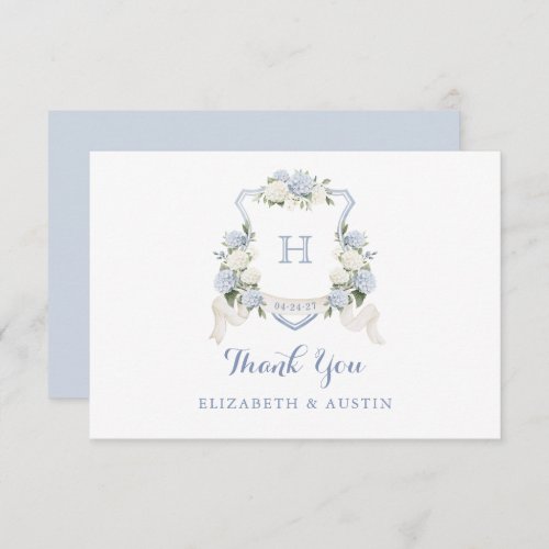 Floral Blue Hydrangea Crest Wedding Monogram Thank You Card