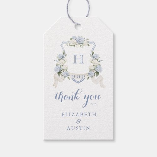 Floral Blue Hydrangea Crest Wedding Thank You Gift Tags