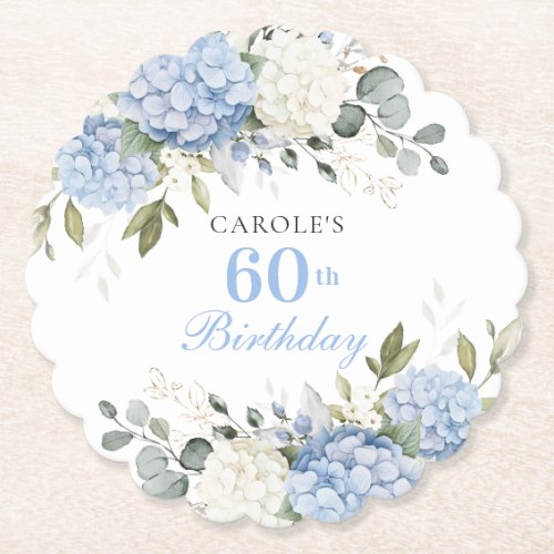Floral Blue Hydrangea Greenery 60th Birthday Party Paper Coaster