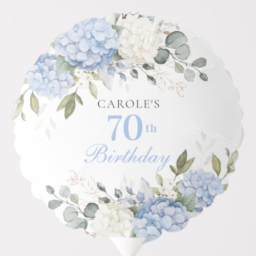 Floral Blue Hydrangea Greenery 70th Birthday Party Balloon