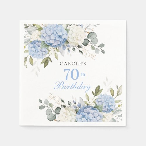 Floral Blue Hydrangea Greenery 70th Birthday Party Napkins