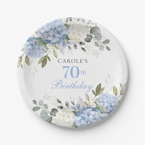 Floral Blue Hydrangea Greenery 70th Birthday Party Paper Plates