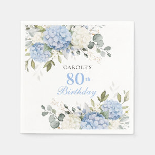 Floral Blue Hydrangea Greenery 80th Birthday Party Napkins