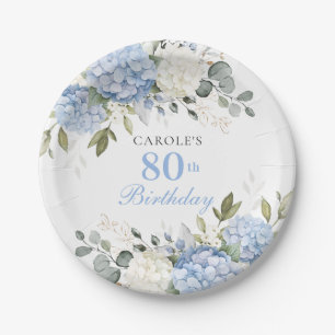 Floral Blue Hydrangea Greenery 80th Birthday Party Paper Plates