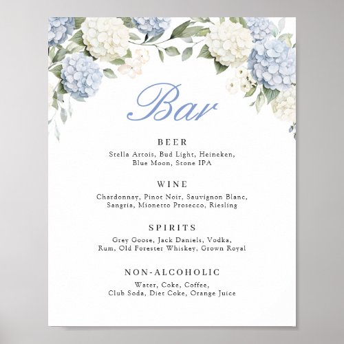 Floral Blue Hydrangea Greenery Wedding Bar Sign