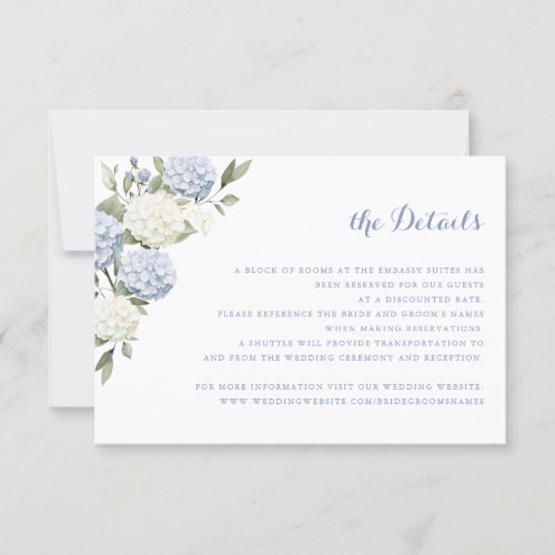 Floral Blue Hydrangea Greenery Wedding Details Invitation