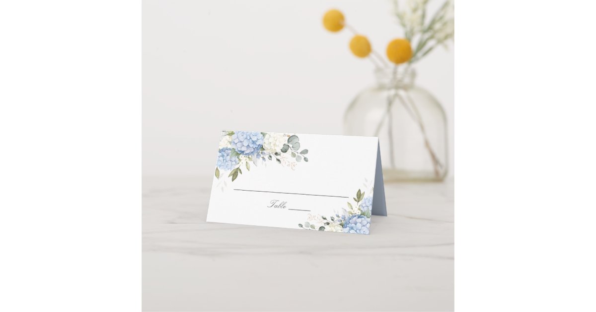 Floral Blue Hydrangea Greenery Wedding Place Card | Zazzle