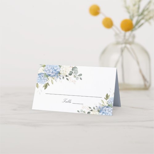 Floral Blue Hydrangea Greenery Wedding Place Card