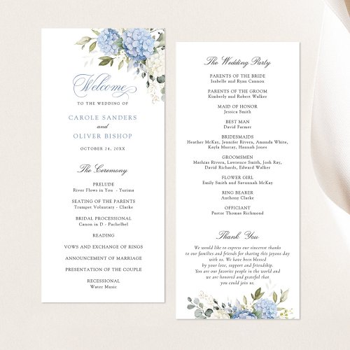 Floral Blue Hydrangea Greenery Wedding Program