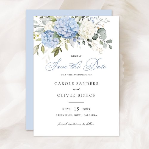 Floral Blue Hydrangea Greenery Wedding Save Date Invitation