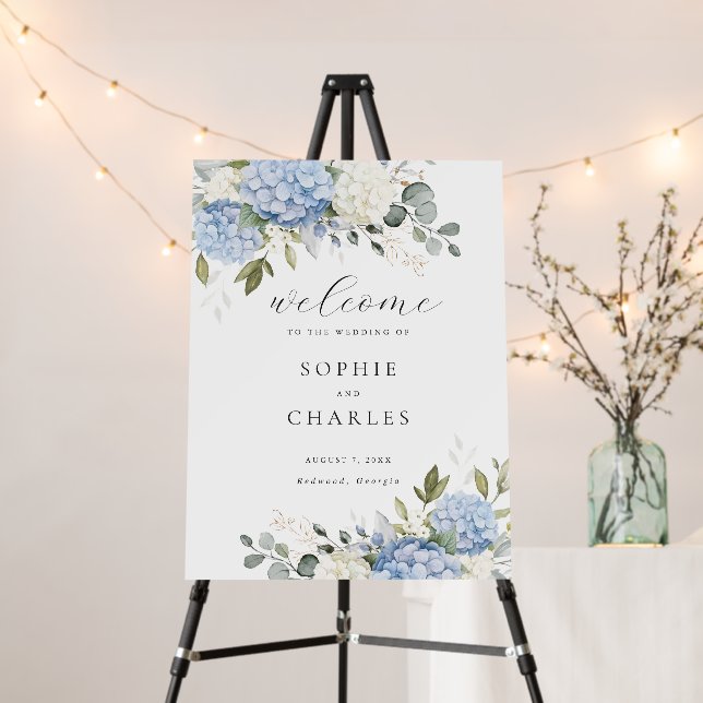 Floral Blue Hydrangea Greenery Wedding Welcome Foam Board (In Situ (Stand))