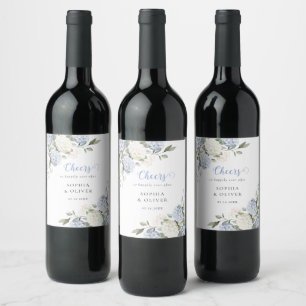 Floral Blue Hydrangea Greenery Wedding Wine Label