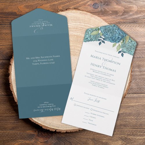 Floral Blue Hydrangea Guest Recipients Names All In One Invitation
