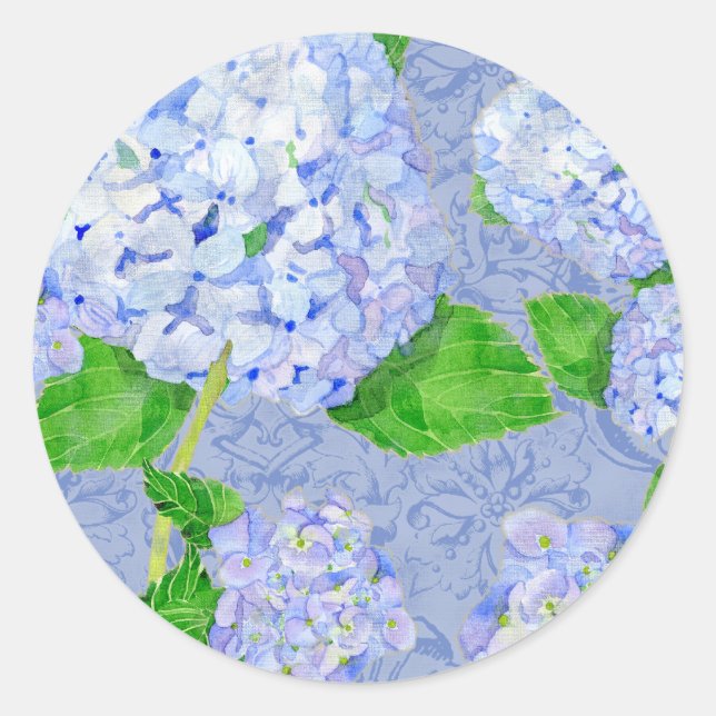 Floral Blue Hydrangea Lace Damask Pattern Wedding Classic Round Sticker (Front)