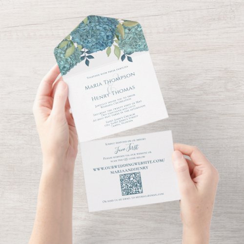 Floral Blue Hydrangea QR Code Guest Addressed  All In One Invitation