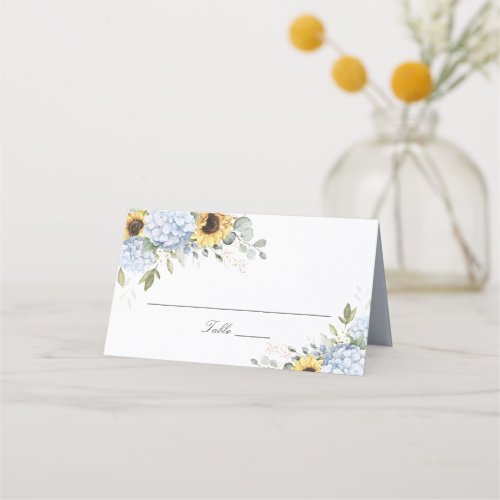 Floral Blue Hydrangea Sunflower Wedding Place Card