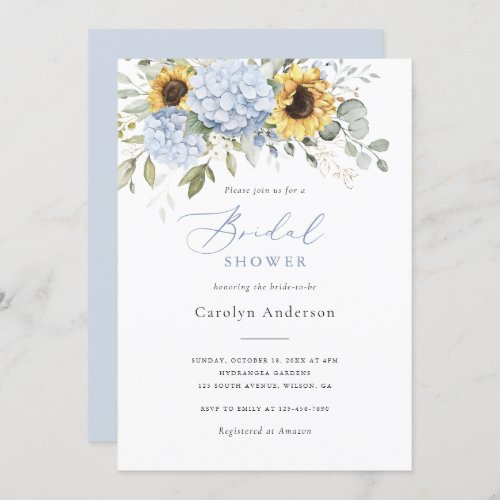 Floral Blue Hydrangea Sunflowers Bridal Shower Invitation