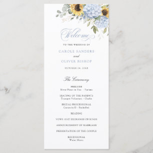 Floral Blue Hydrangea Sunflowers Wedding Program