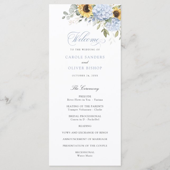 Floral Blue Hydrangea Sunflowers Wedding Program (Front)