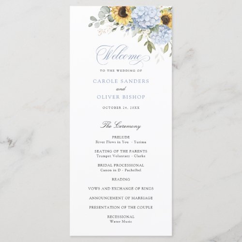 Floral Blue Hydrangea Sunflowers Wedding Program