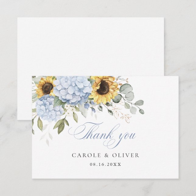 Floral Blue Hydrangea Sunflowers Wedding Thank You Card (Front/Back)
