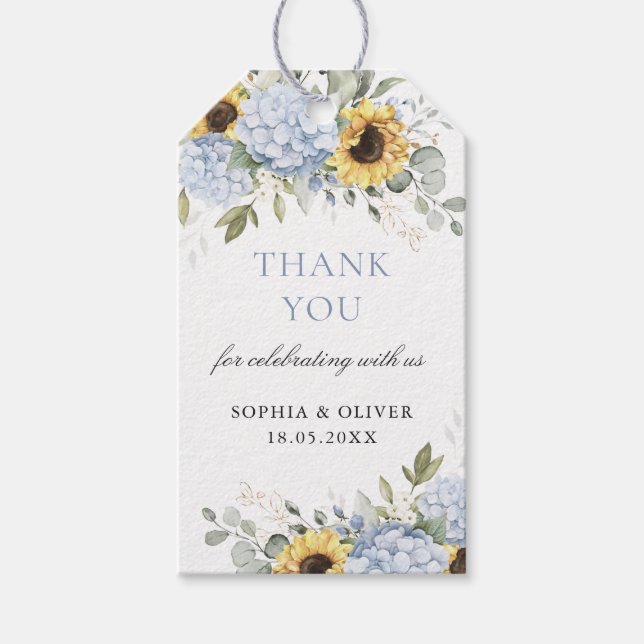 Floral Blue Hydrangea Sunflowers Wedding Thank You Gift Tags (Front)