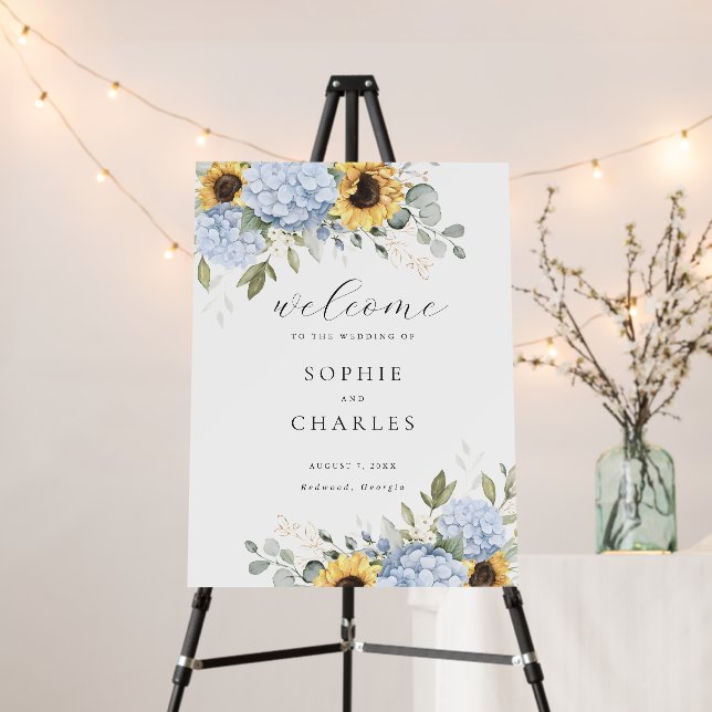 Floral Blue Hydrangea Sunflowers Wedding Welcome Foam Board (In Situ (Stand))