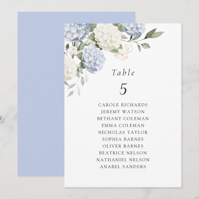Floral Blue Hydrangea Table Seating Chart Card (Front/Back)