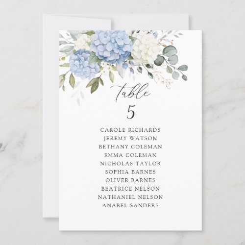 Floral Blue Hydrangea Table Seating Chart Card