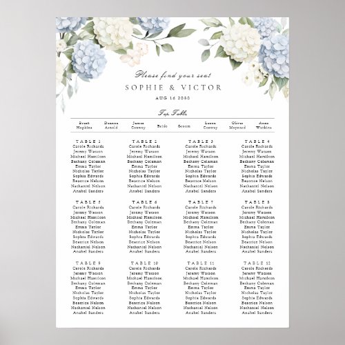 Floral Blue Hydrangea Table Wedding Seating Chart