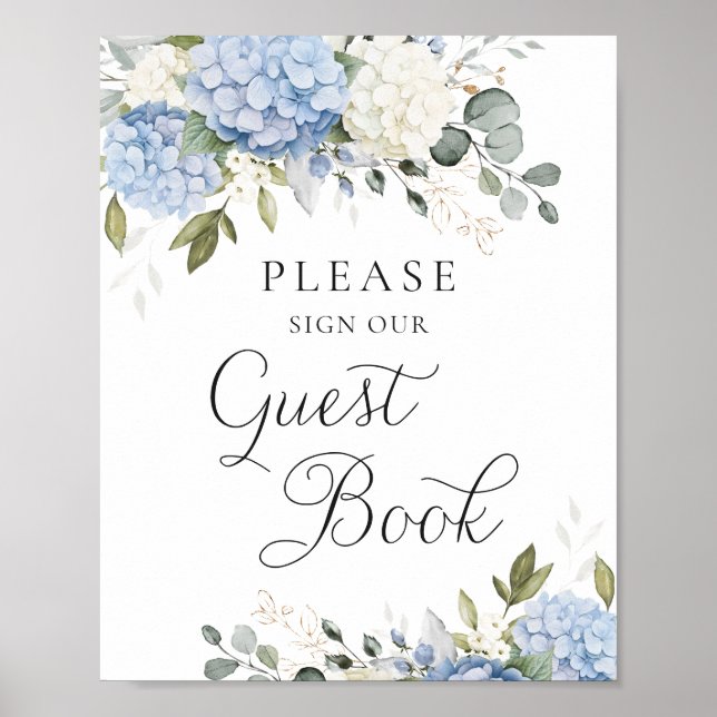 Floral Blue Hydrangea Wedding Guest Book Sign (Front)